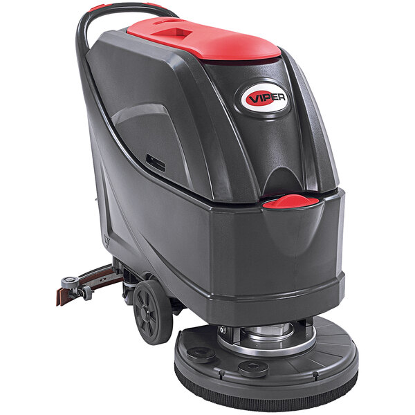 A black floor scrubber with red accents and wheels.