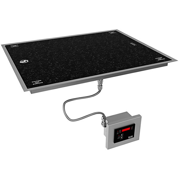 A black rectangular LTI heated shelf warmer with a black and white panel and a power cord.