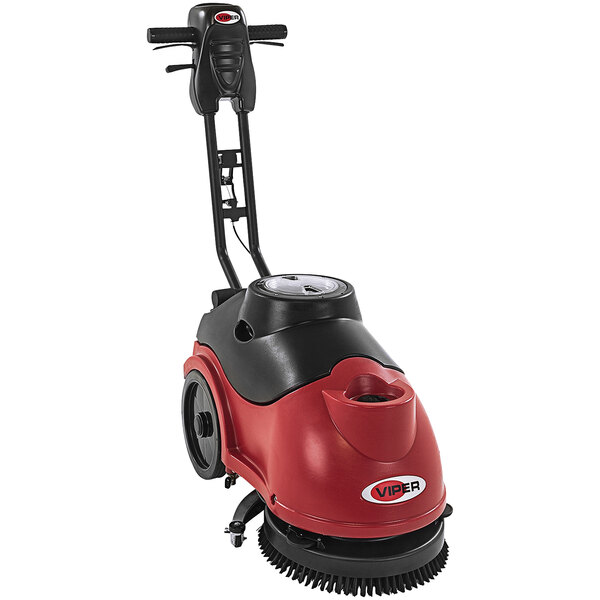 A red and black Viper FANG15B walk behind floor scrubber with a black handle.