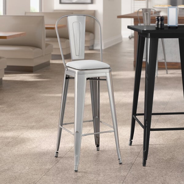 Lancaster Table & Seating Alloy Series Clear Coat Indoor Cafe Barstool with White Vinyl Cushion