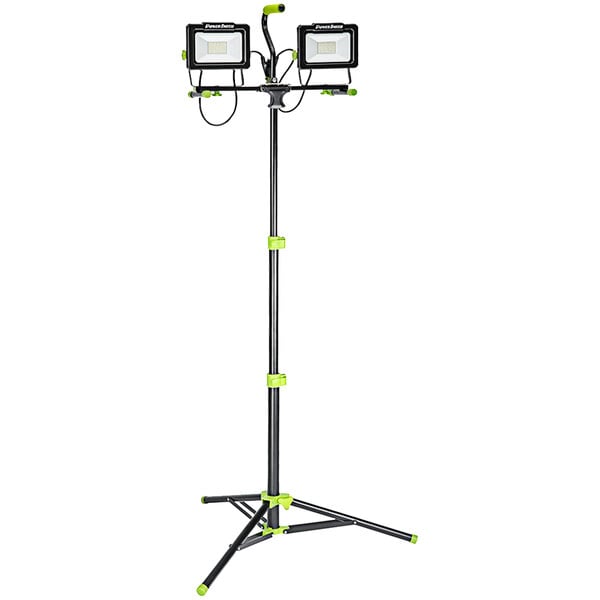 A PowerSmith dual-head LED work light on a green tripod stand.