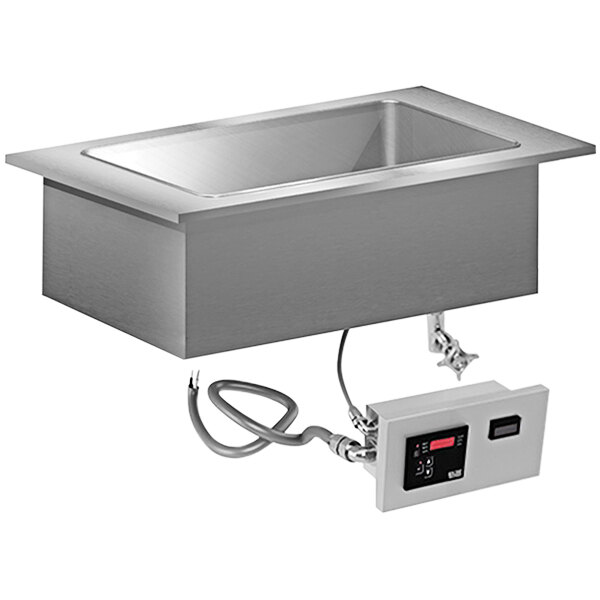 A stainless steel slimline drop-in hot food well with a cord attached to it.