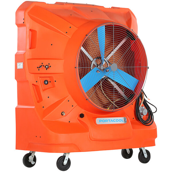 An orange Portacool evaporative cooler on wheels.