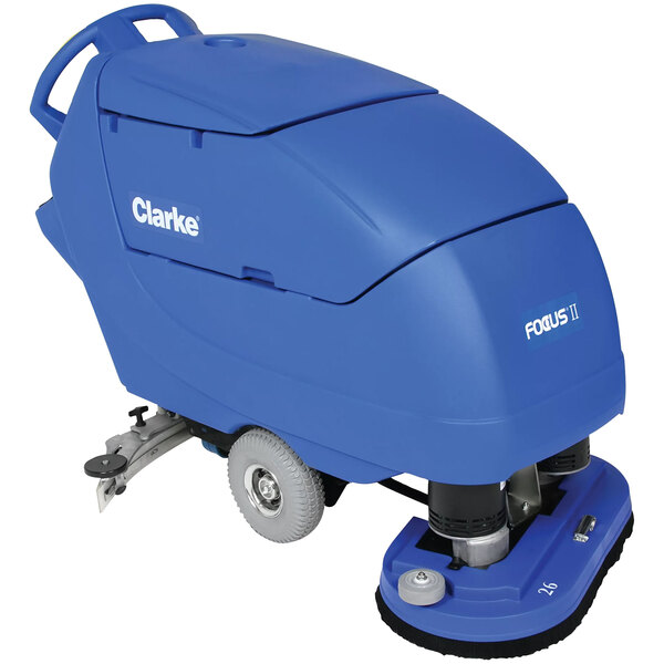 A blue Clarke Focus II AGM cordless walk behind disc floor scrubber with wheels.
