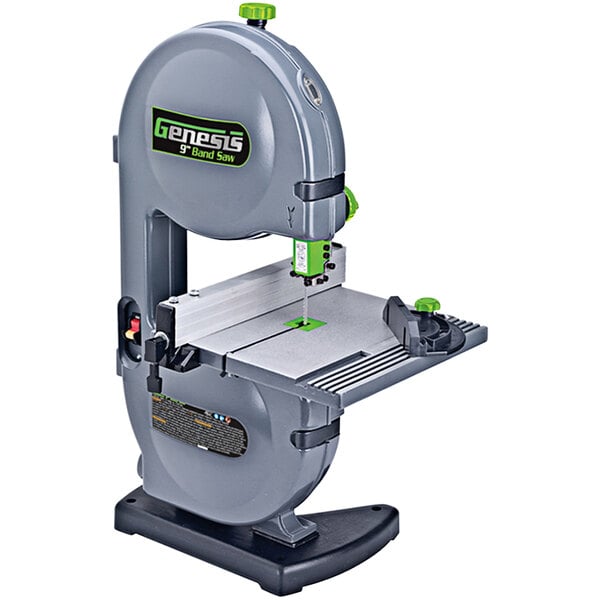 A close-up of a Genesis band saw with green accents.