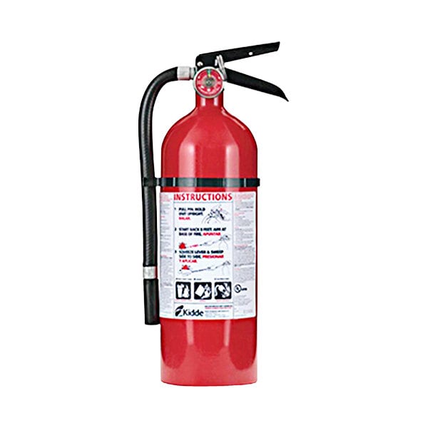 A close-up of a red Kidde fire extinguisher with a white label.