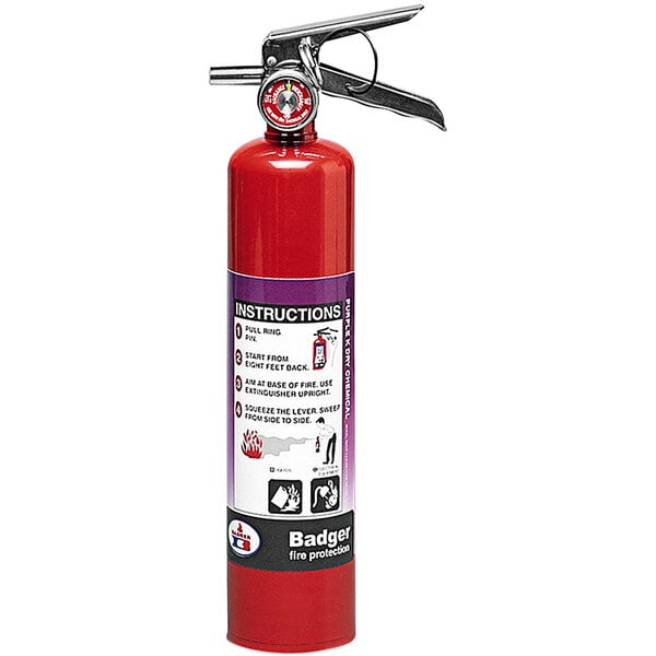 A purple Badger fire extinguisher with a wall hook.