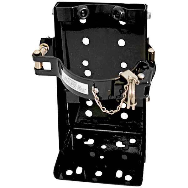 A black metal Badger fire extinguisher box bracket with a chain.