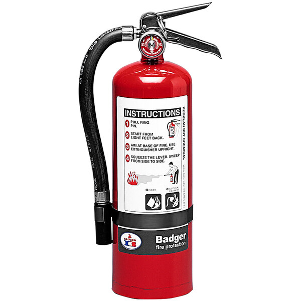 A red Badger fire extinguisher with a white label.