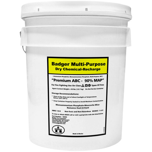 A white Badger bucket with a yellow label for a 50 lb. ABC multipurpose dry chemical recharge.