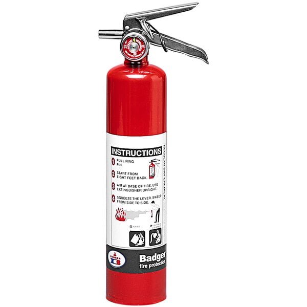 A red Badger dry chemical fire extinguisher with a white label and vehicle bracket.