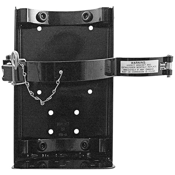 A black metal Badger heavy-duty box bracket for a CO2 fire extinguisher with chains attached.