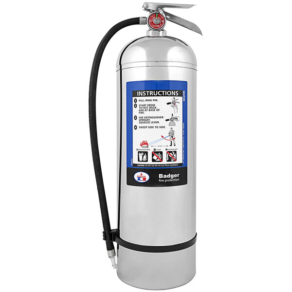 A Badger silver fire extinguisher with a black hose.