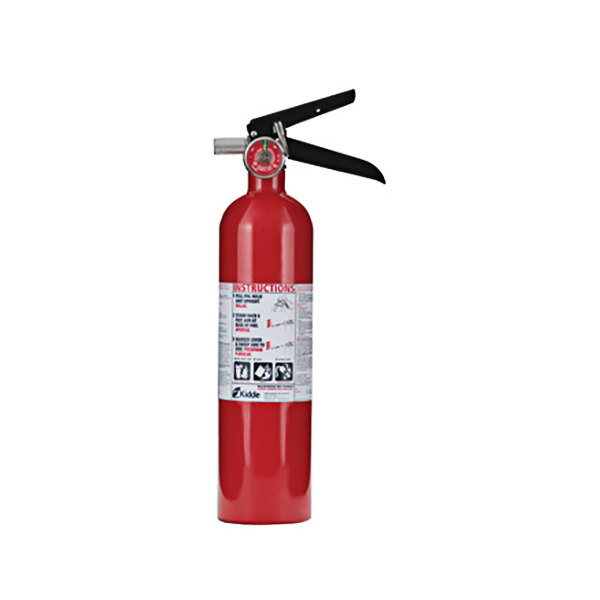 A red Kidde fire extinguisher with black handles and white label.