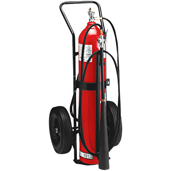 A red Badger fire extinguisher on a cart.