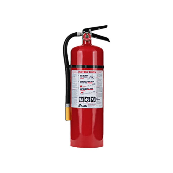 A red Kidde fire extinguisher with a white label and hose.