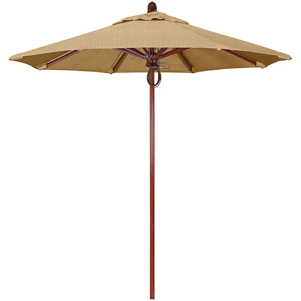 A California Umbrella linen sesame canopy with a red oak pole.