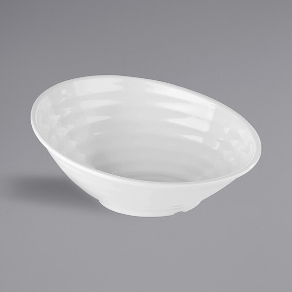 A white APS Global melamine bowl with a curved rim.