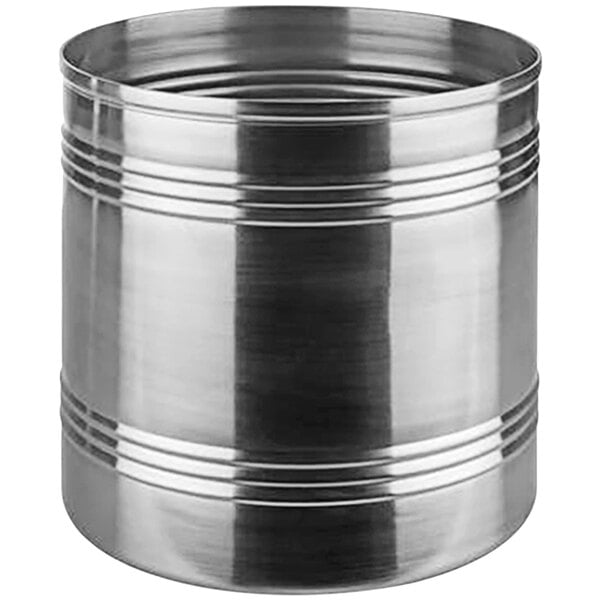 A silver metal APS stainless steel snack can with a handle.