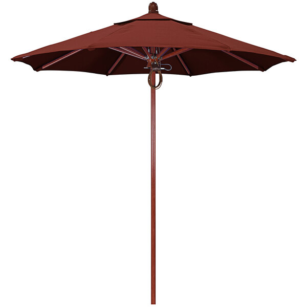 A California Umbrella red Henna fabric umbrella with a red oak pole.