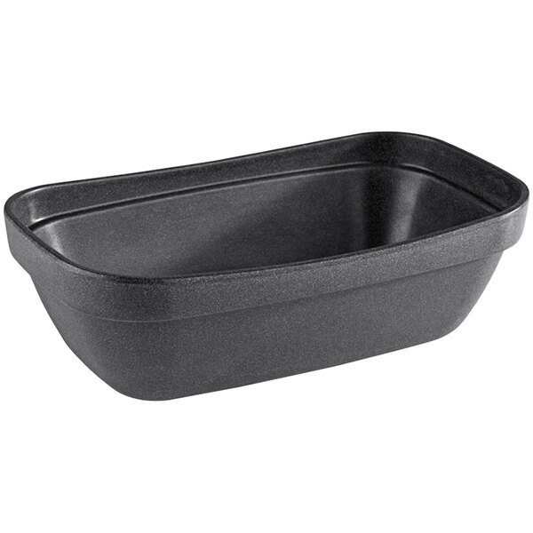 A black rectangular APS Iron melamine bowl with rounded edges.