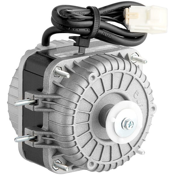 A grey metal Avantco condenser fan motor with black wires.