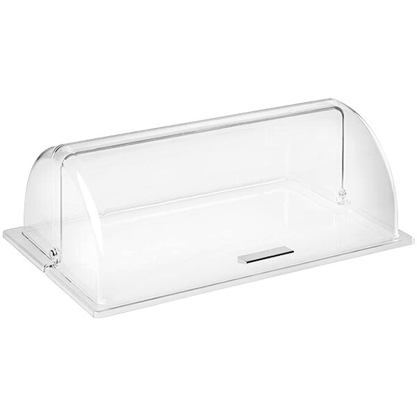 A clear polycarbonate container with a clear rolltop cover.