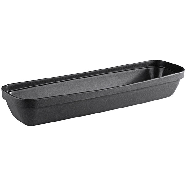 A black rectangular APS Iron melamine bowl on a counter.