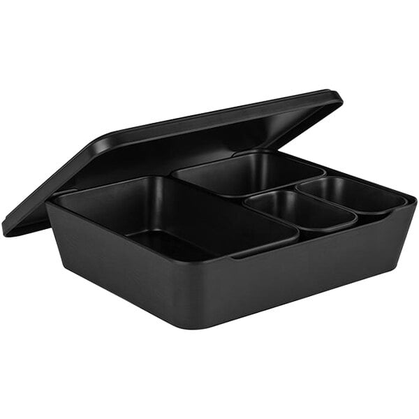 A black melamine serving box with 7 compartments.