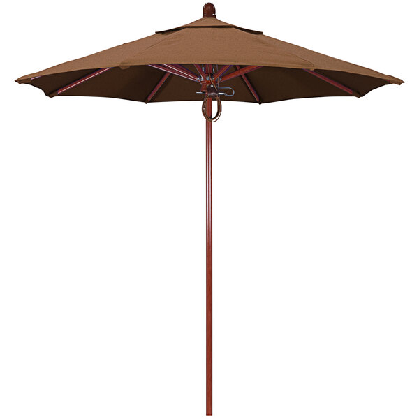 A brown umbrella with a red oak pole.