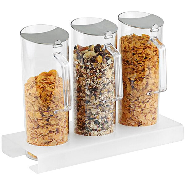 Three APS glass jars filled with cereal and granola.