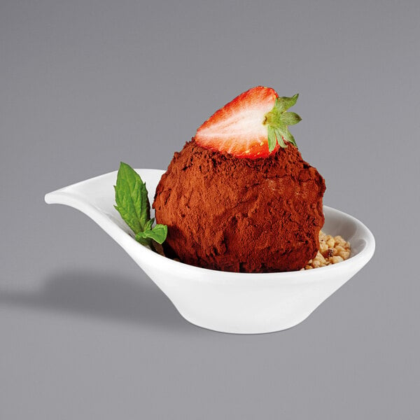 A white APS melamine bowl with a brown scoop of ice cream and a strawberry on top.