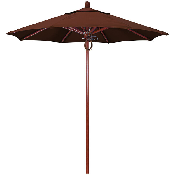 A brown California Umbrella with a red oak pole on a white background.
