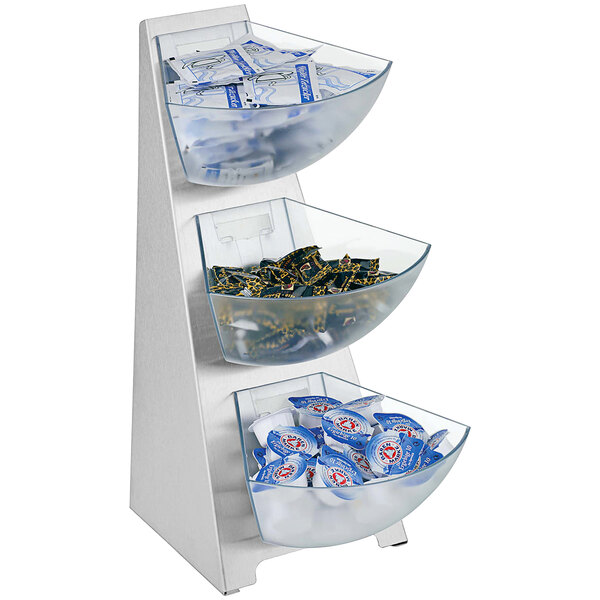A white 3-tier condiment rack holding bowls of condiments.