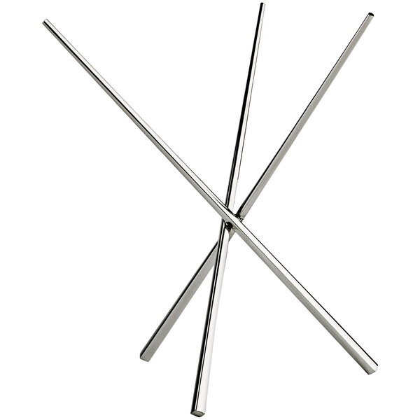 A stainless steel x-shaped stand holding metal chopsticks.
