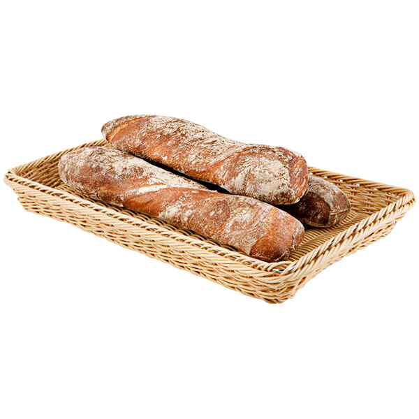 A wicker basket filled with baguettes.