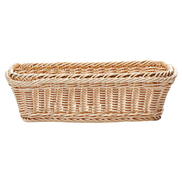 A close-up of an APS Polypropylene and Steel wicker bread basket with handles.