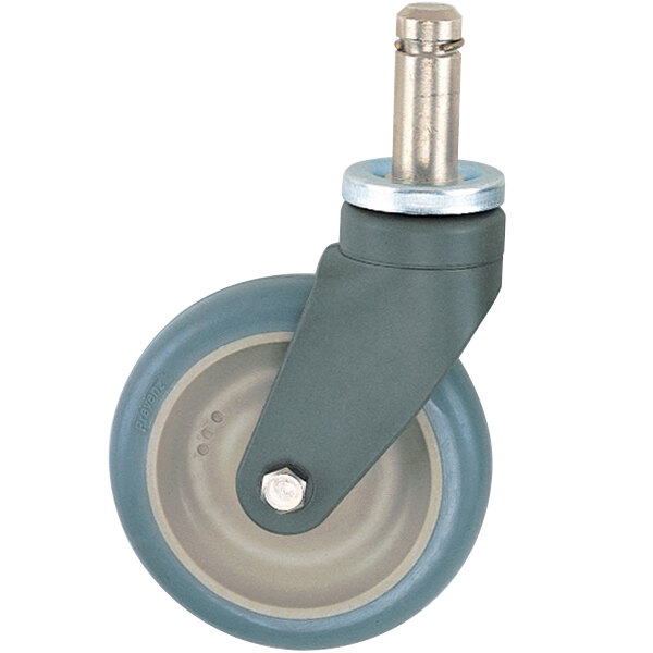A close-up of a Metro 5" Super Erecta swivel caster with a metal wheel and stem.