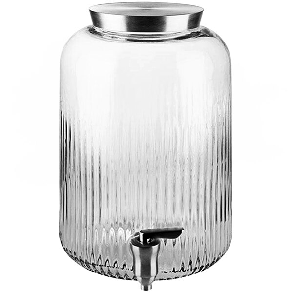 An APS Classic glass drink dispenser with a metal lid and faucet.
