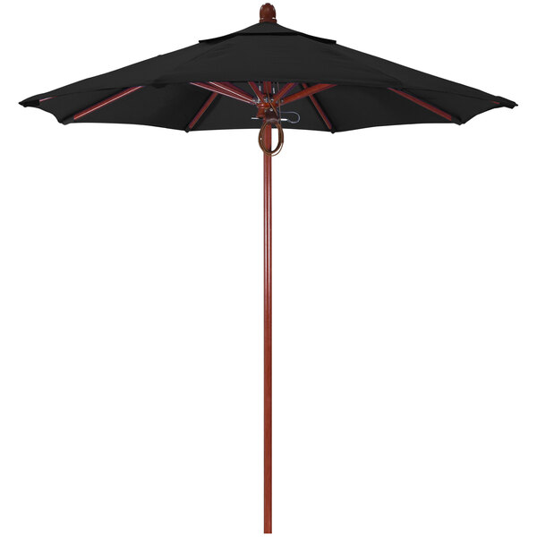 A black umbrella with a red oak pole.