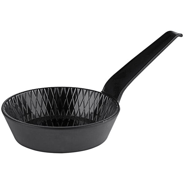 A black round melamine bowl with a long handle.