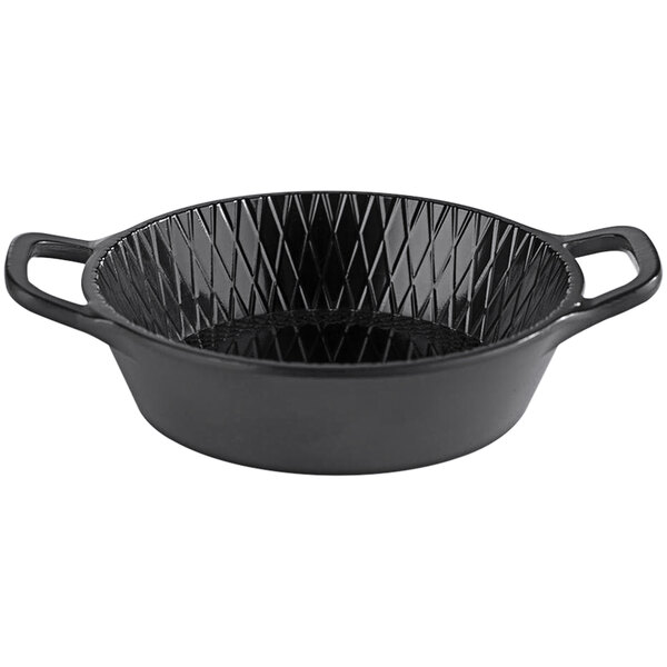 A black APS Minis melamine bowl with handles.