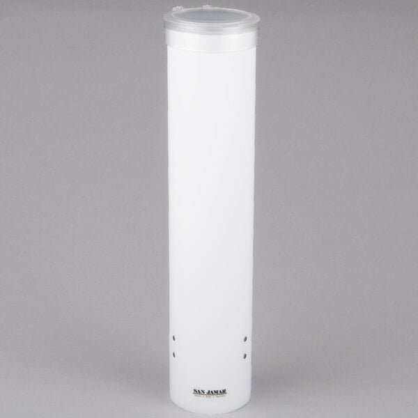 A white cylindrical San Jamar water cup dispenser with a flip cap.