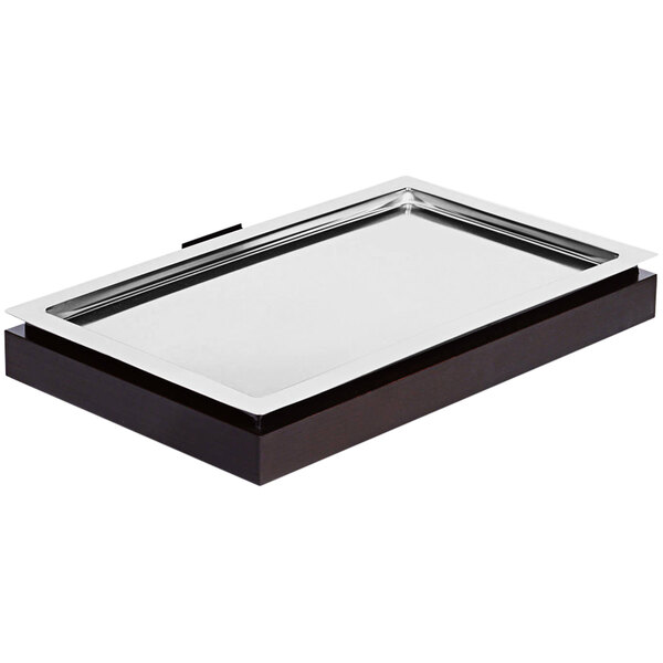 An APS black wood cooling box with a silver metal frame.