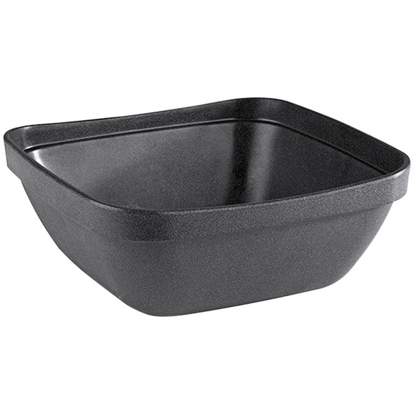 A black square APS Iron melamine bowl on a counter.
