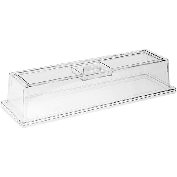 A clear rectangular plastic cover on a counter.