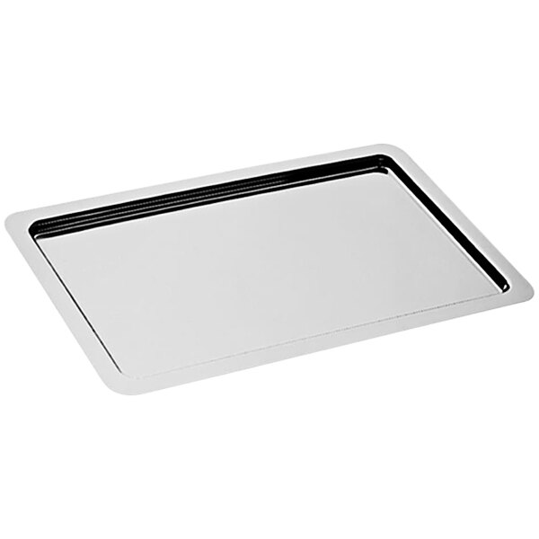 A stainless steel rectangular tray with a black border.