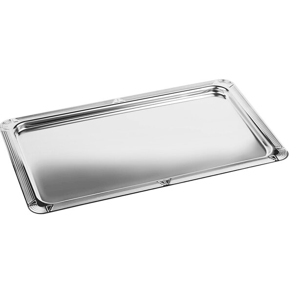 A stainless steel rectangular tray with decorative edges.