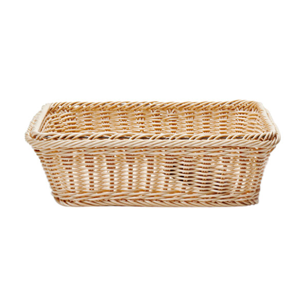 An APS wicker basket with handles on a white background.