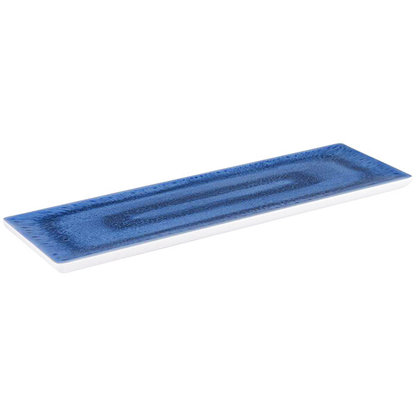 A rectangular blue melamine serving tray with a white border.
